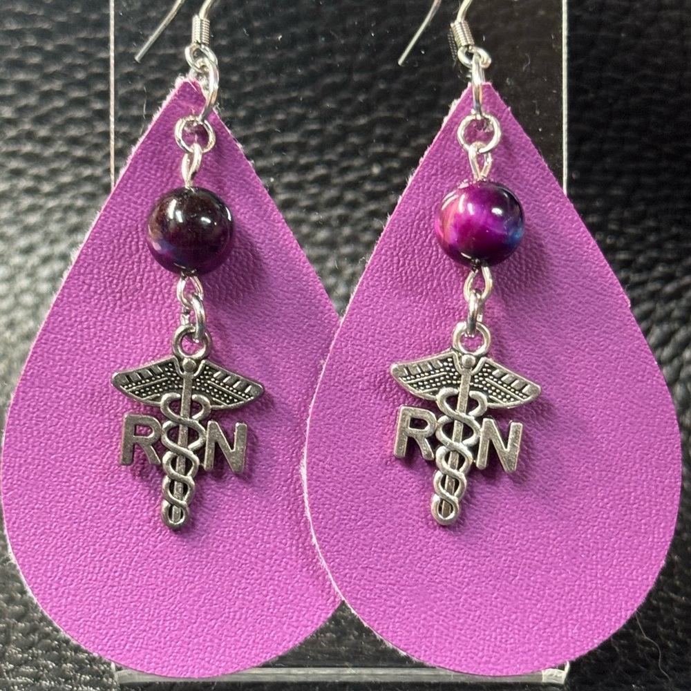 Purple Registered Nurse/RN caduceus handmade faux leather earrings